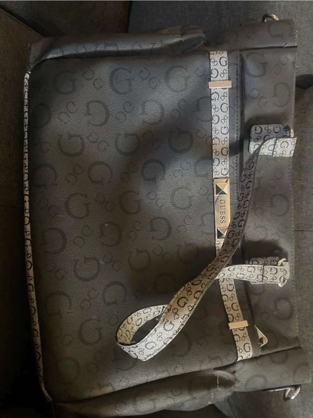 GUESS Black Messenger Bag with gray Monogram Strap